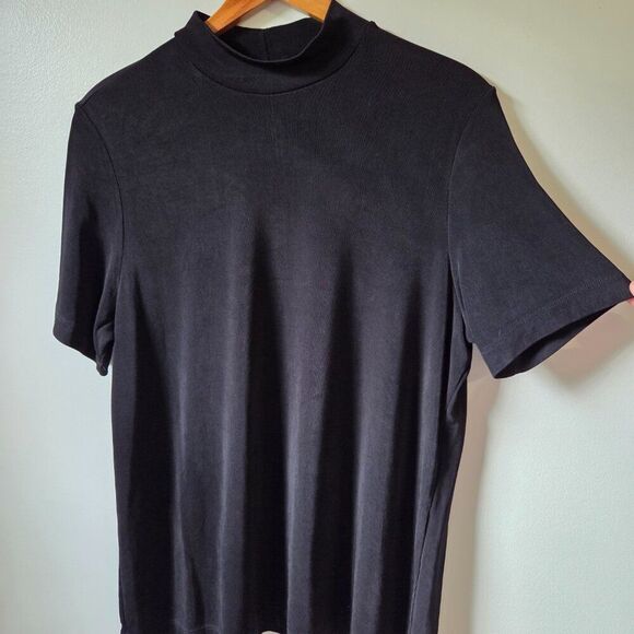 EUC PICADILLY FASHIONS BLACK SLINKY MOCK NECK SHORT SLEEVES TOP LARGE - Picture 3 of 15